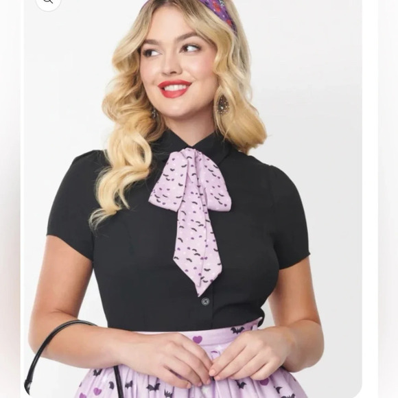 Kou Kou x Unique Vintage Black & Purple Kou Kou Bat Print Bow Blouse L #0085 - Picture 7 of 10